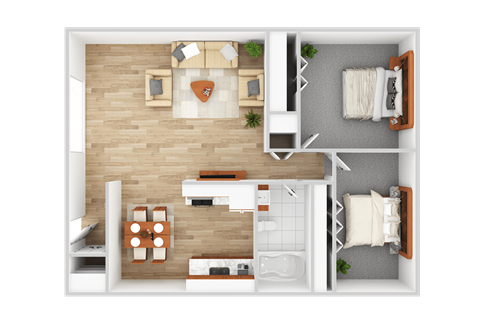 Floor plan for 2 beds, 1 bath, 950 sqft